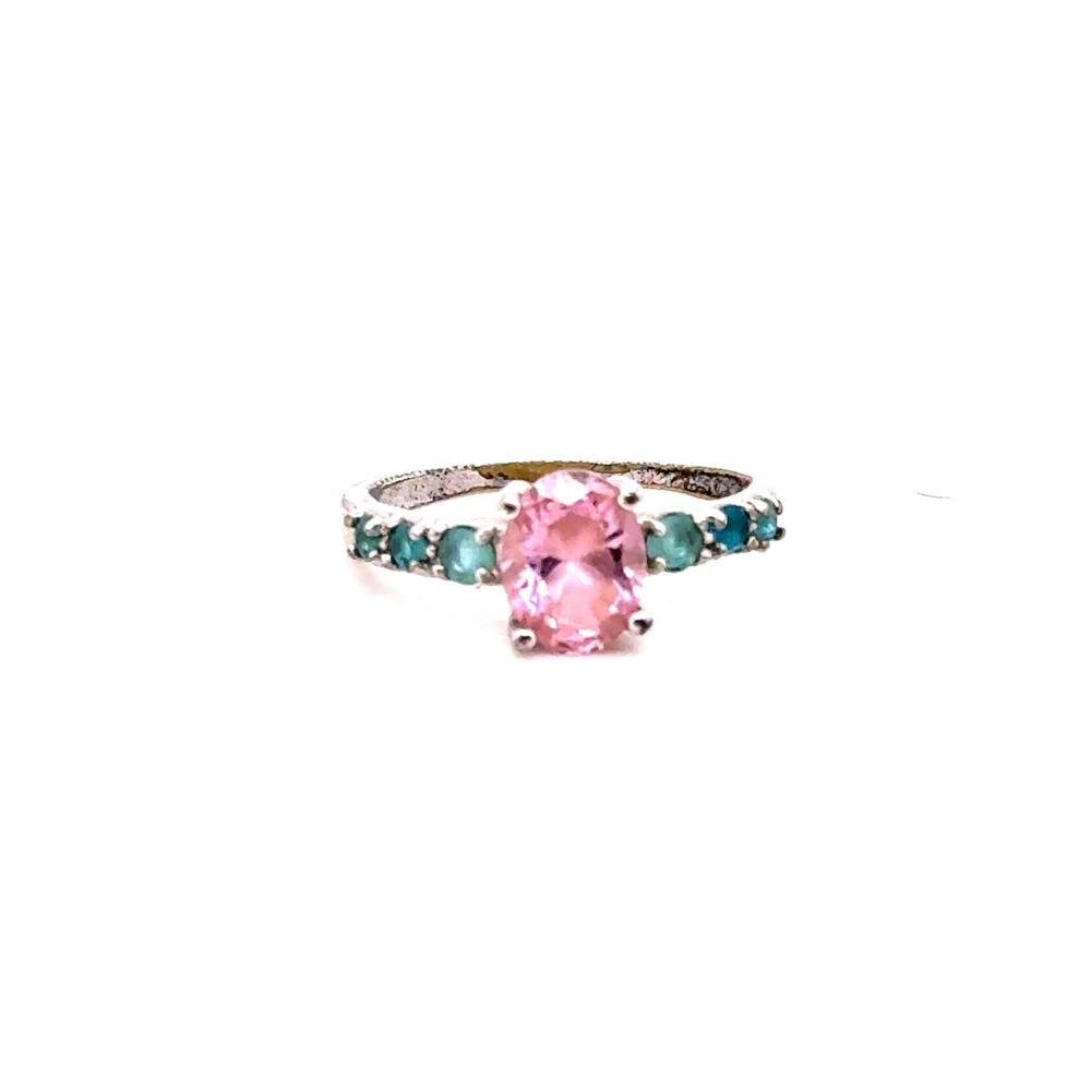 Pink Oval Teal Stone Ring Stamped 925 Size 9 Tarnished Silver Tone Band